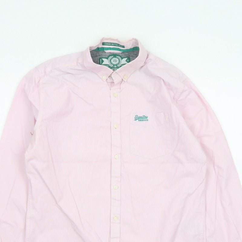Superdry Men Pink White Striped Large Cotton Button-Up Long Sleeve Shirt