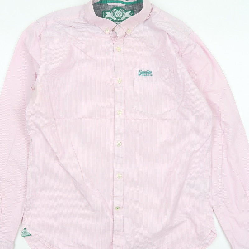 Superdry Men Pink White Striped Large Cotton Button-Up Long Sleeve Shirt