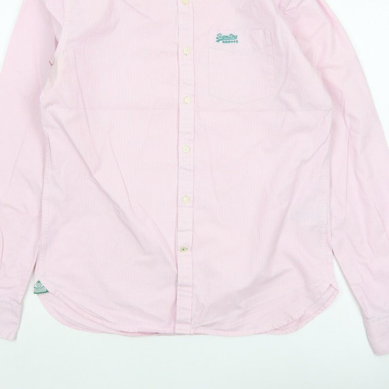 Superdry Men Pink White Striped Large Cotton Button-Up Long Sleeve Shirt