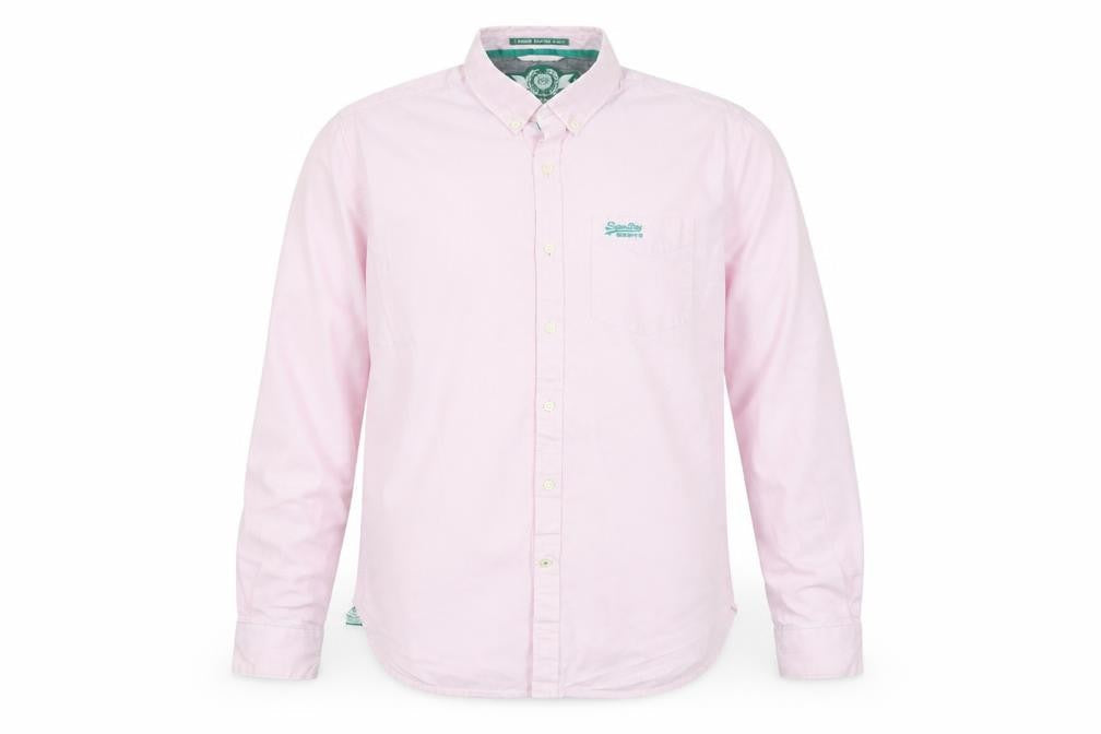 Superdry Men Pink White Striped Large Cotton Button-Up Long Sleeve Shirt