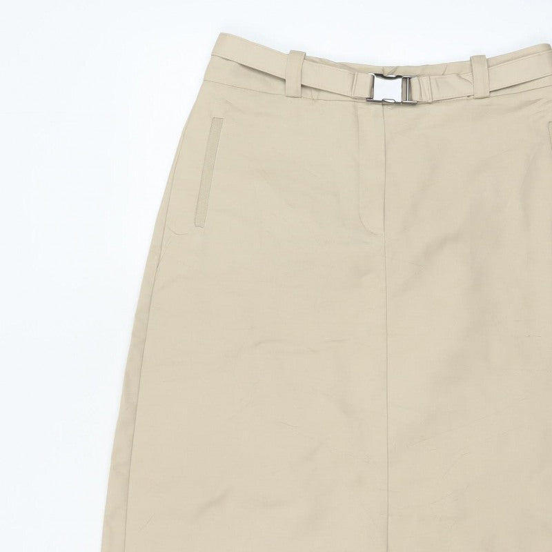 Autograph Women Beige UK 10 A-Line Midi Skirt Belted Cotton