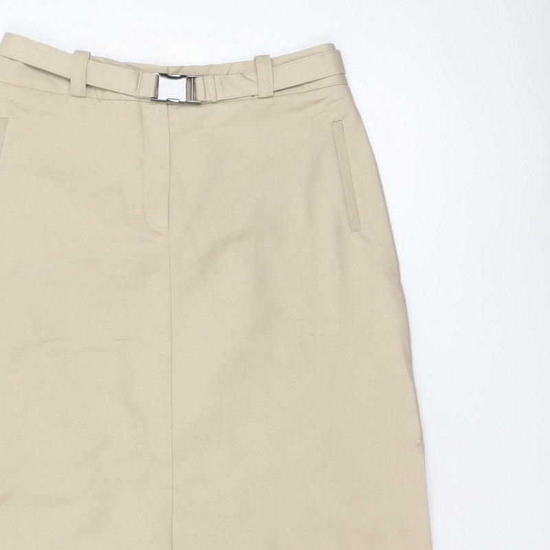 Autograph Women Beige UK 10 A-Line Midi Skirt Belted Cotton