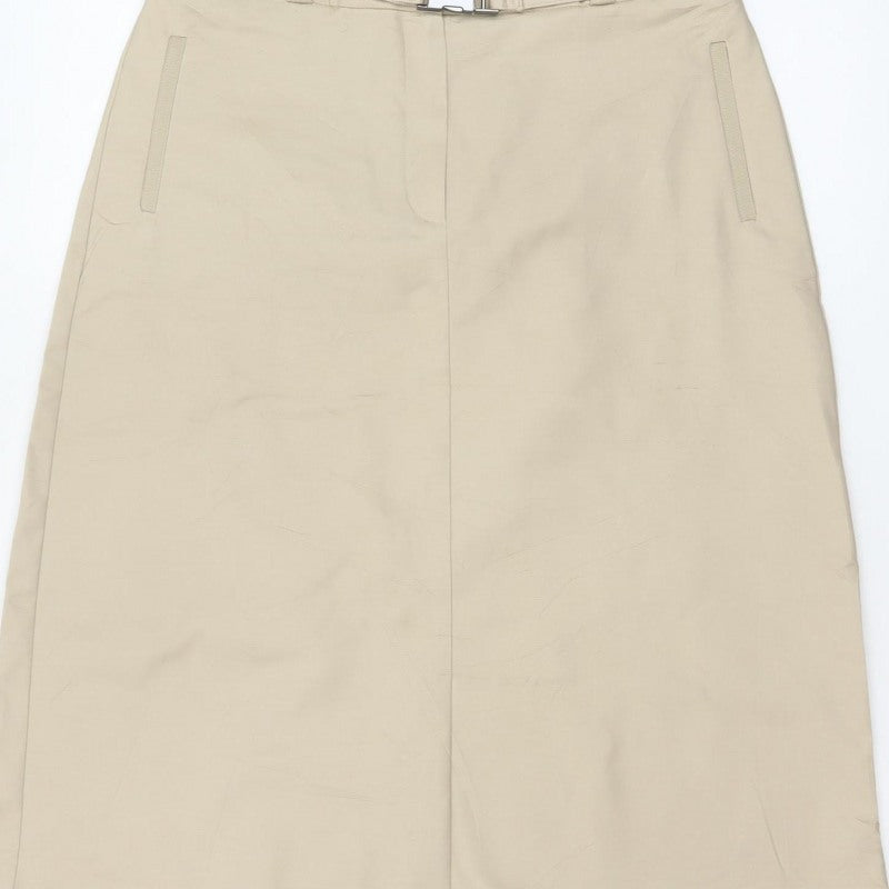 Autograph Women Beige UK 10 A-Line Midi Skirt Belted Cotton