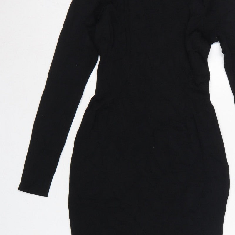 H&M Women Black UK 8 Bodycon Midi Cold Shoulder Knit Dress