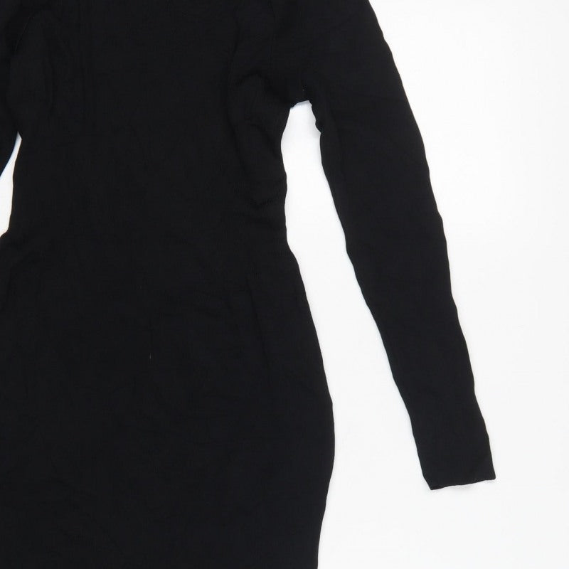 H&M Women Black UK 8 Bodycon Midi Cold Shoulder Knit Dress