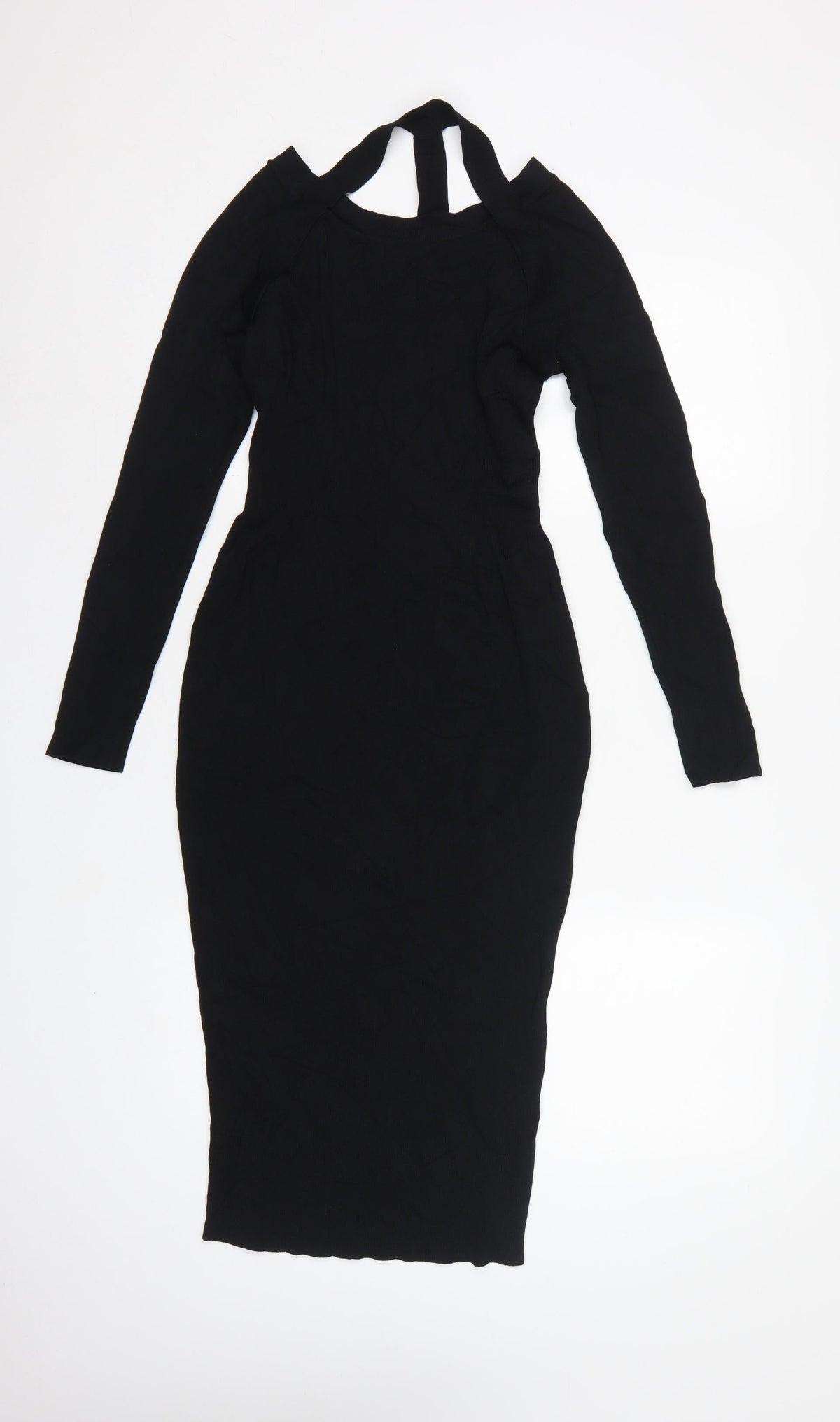 H&M Women Black UK 8 Bodycon Midi Cold Shoulder Knit Dress