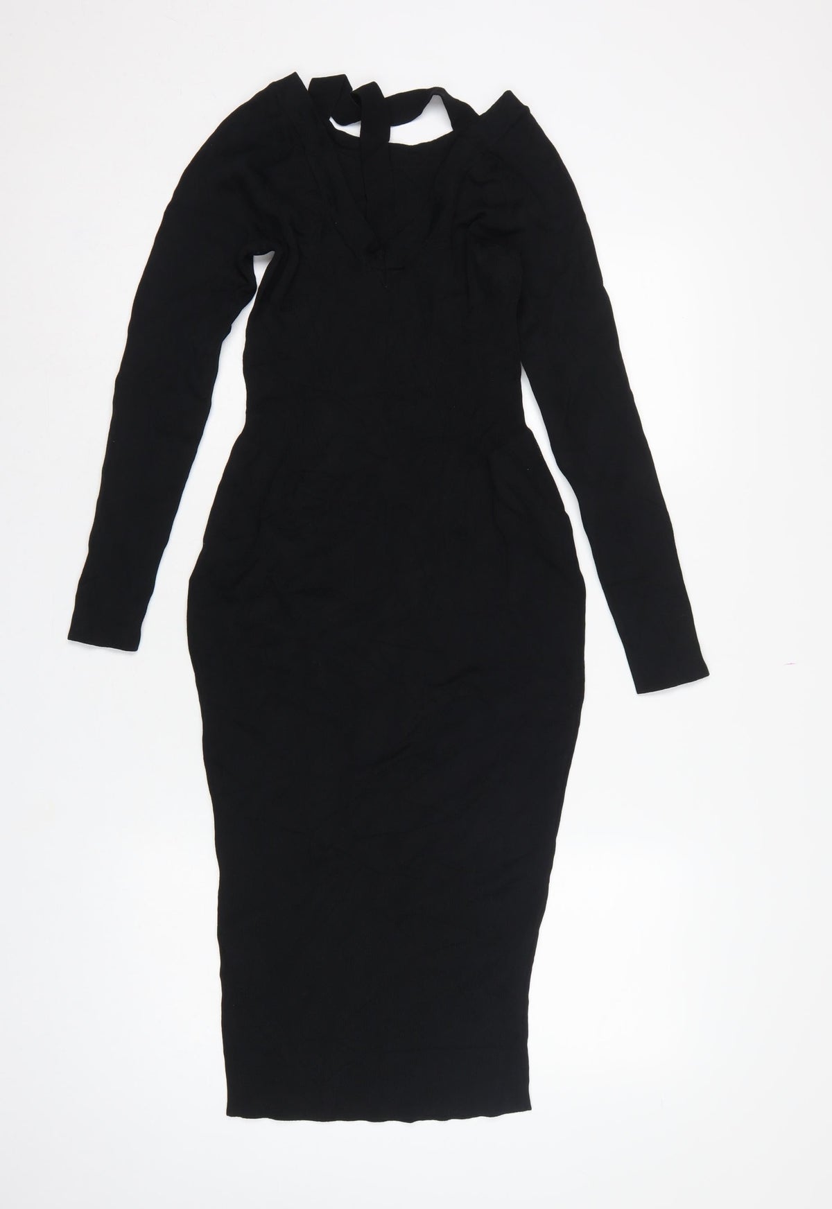 H&M Women Black UK 8 Bodycon Midi Cold Shoulder Knit Dress