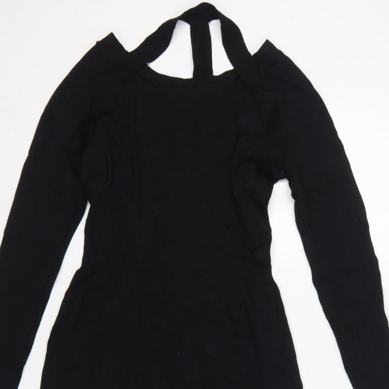 H&M Women Black UK 8 Bodycon Midi Cold Shoulder Knit Dress