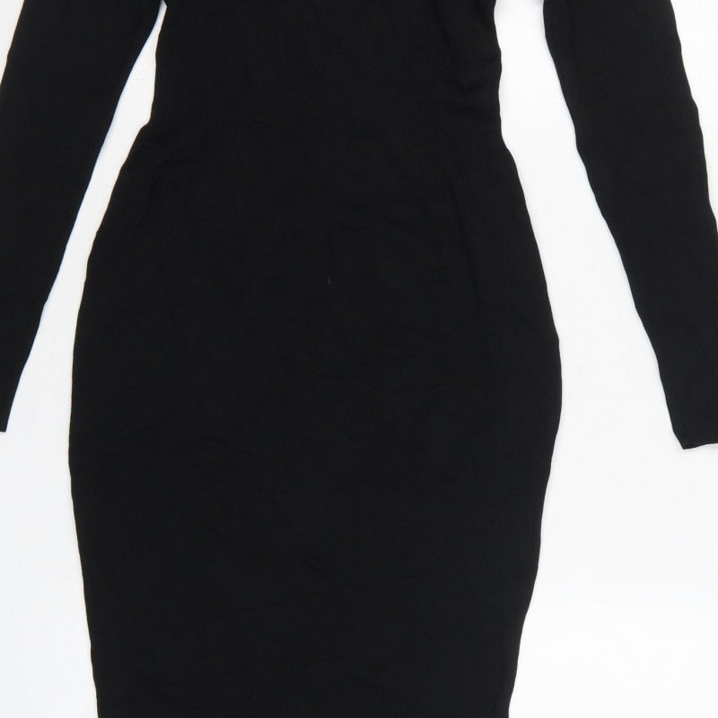 H&M Women Black UK 8 Bodycon Midi Cold Shoulder Knit Dress