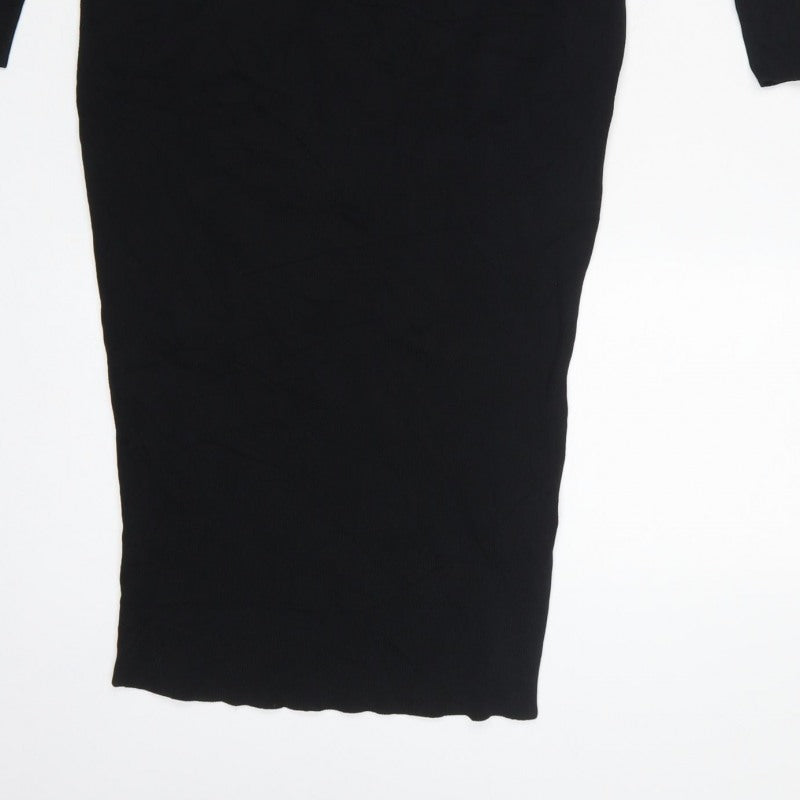 H&M Women Black UK 8 Bodycon Midi Cold Shoulder Knit Dress