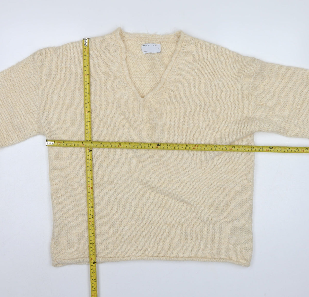ASOS Design Women Ivory S V-Neck Relaxed Knit Jumper Dolman Sleeves