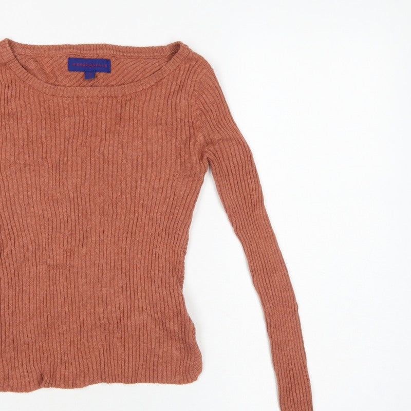 Aeropostale Women's Orange XS Ribbed Knit Long Sleeve Pullover Jumper