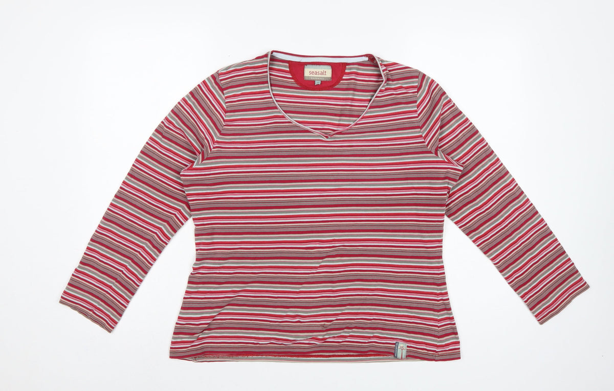 Seasalt Women’s Multicoloured Striped V-Neck Long Sleeve Jersey Top UK 18