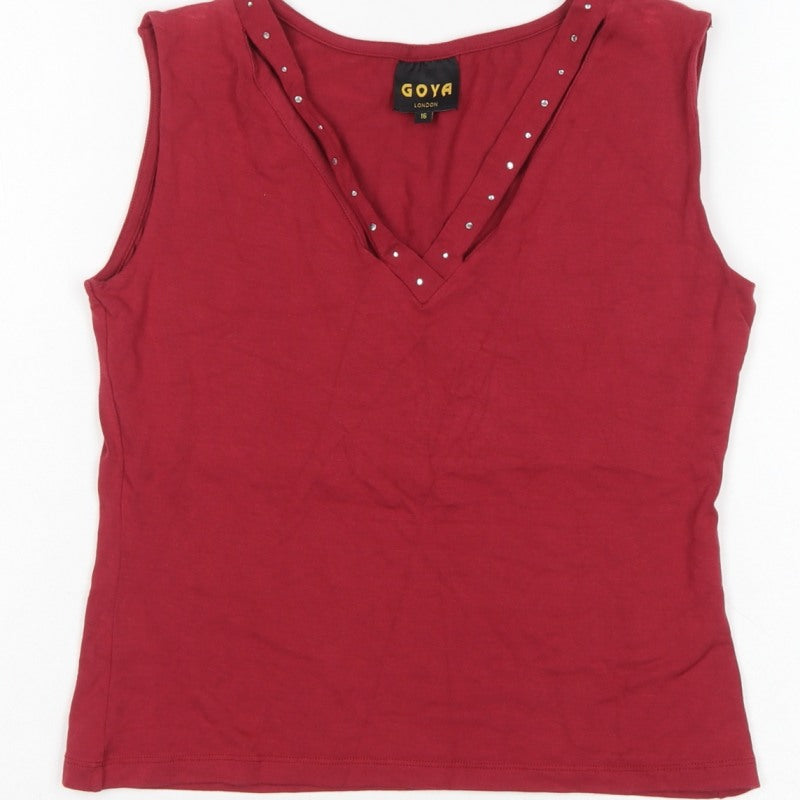 Goya London Women’s Red Size 16 Studded V-Neck Stretch Tank Top