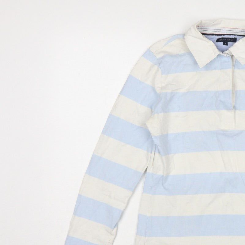 Tommy Hilfiger Women Blue White M Striped Long Sleeve Basic Polo Top