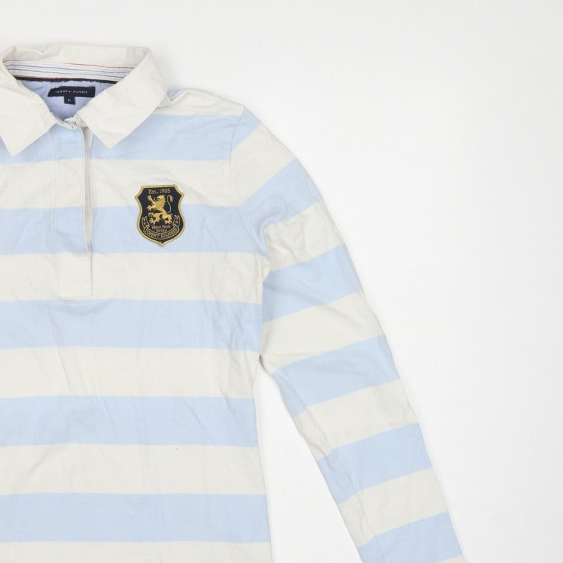 Tommy Hilfiger Women Blue White M Striped Long Sleeve Basic Polo Top