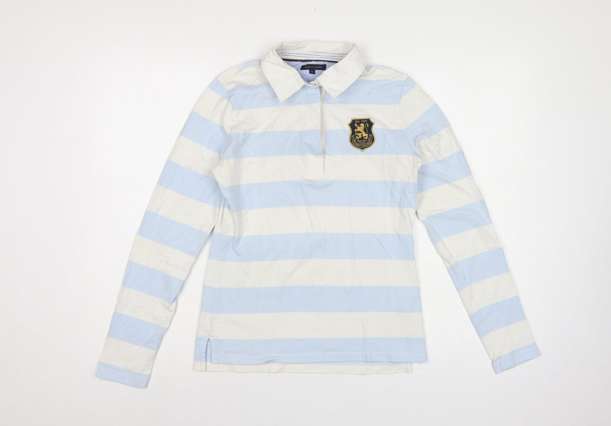 Tommy Hilfiger Women Blue White M Striped Long Sleeve Basic Polo Top