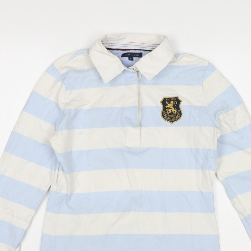 Tommy Hilfiger Women Blue White M Striped Long Sleeve Basic Polo Top