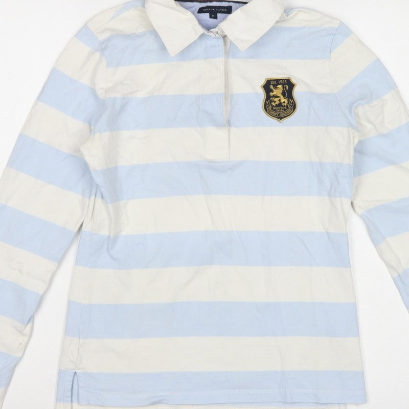 Tommy Hilfiger Women Blue White M Striped Long Sleeve Basic Polo Top