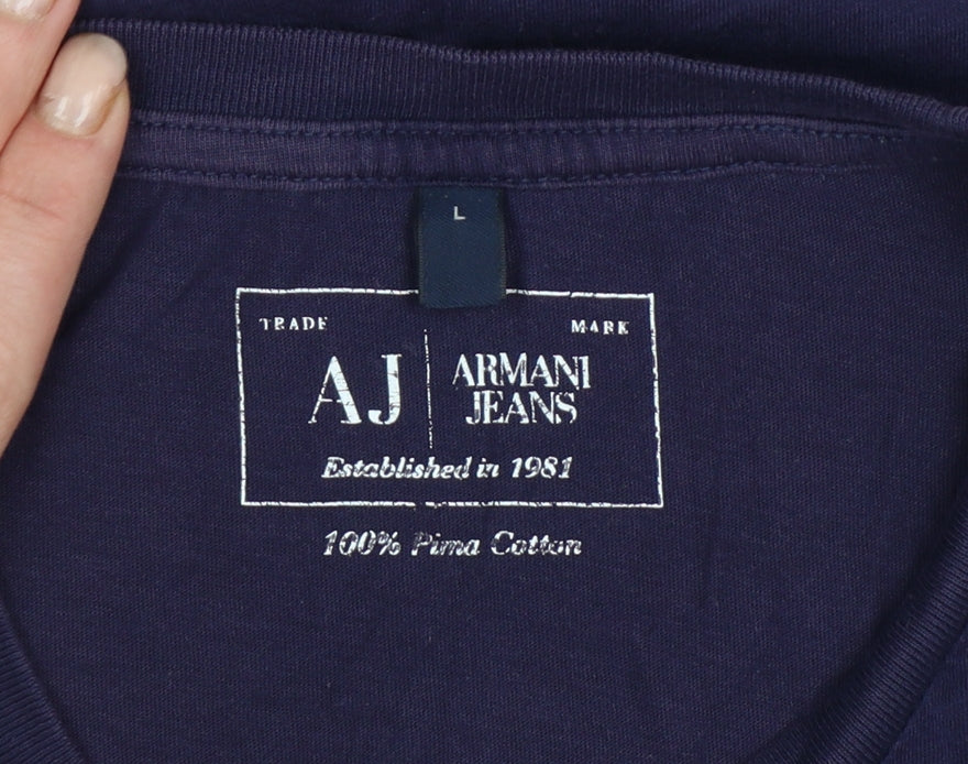 Armani Jeans Men Blue L Logo Graphic Pima Cotton Crew Neck T-Shirt