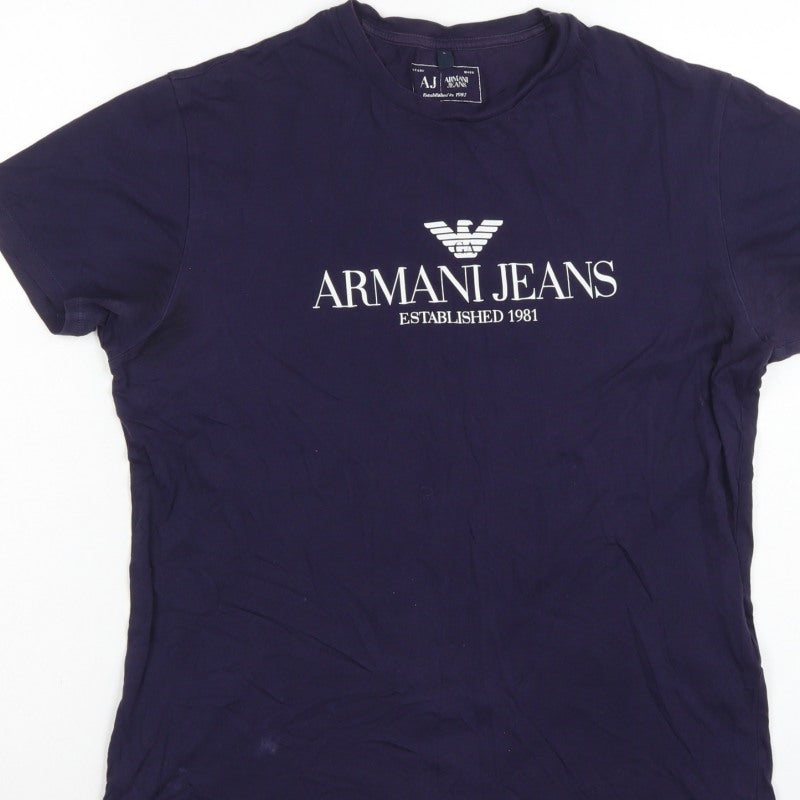 Armani Jeans Men Blue L Logo Graphic Pima Cotton Crew Neck T-Shirt