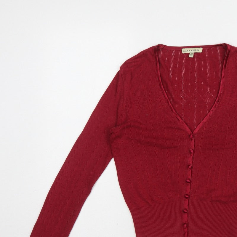 Laura Ashley Women Red UK 8 V-Neck Pointelle Knit Cardigan