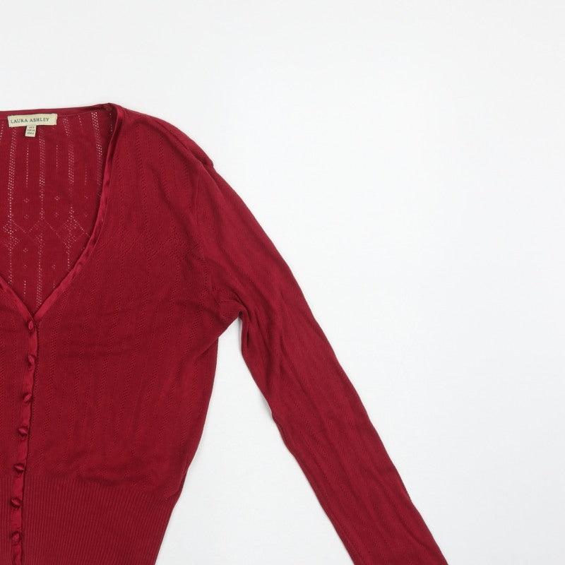Laura Ashley Women Red UK 8 V-Neck Pointelle Knit Cardigan