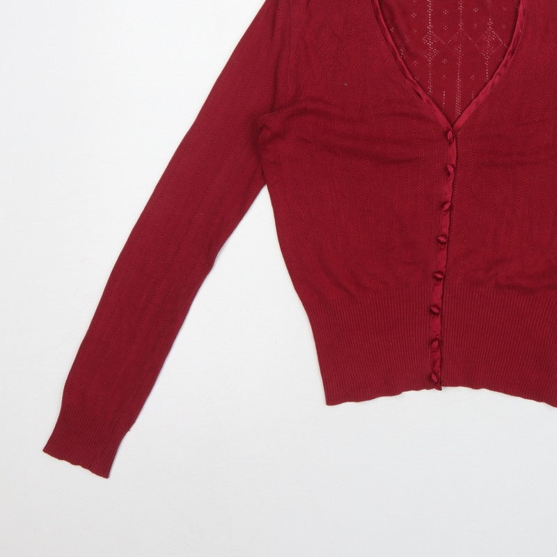 Laura Ashley Women Red UK 8 V-Neck Pointelle Knit Cardigan