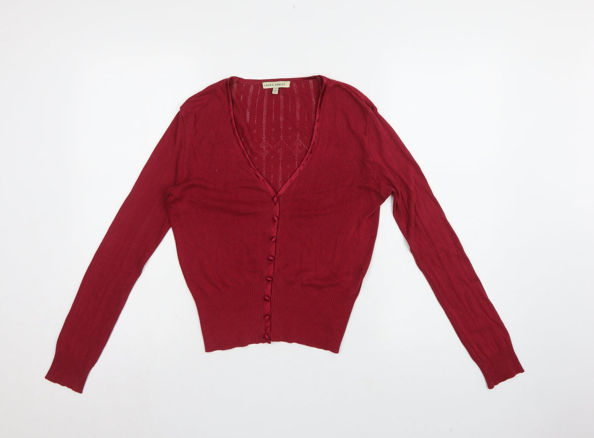 Laura Ashley Women Red UK 8 V-Neck Pointelle Knit Cardigan