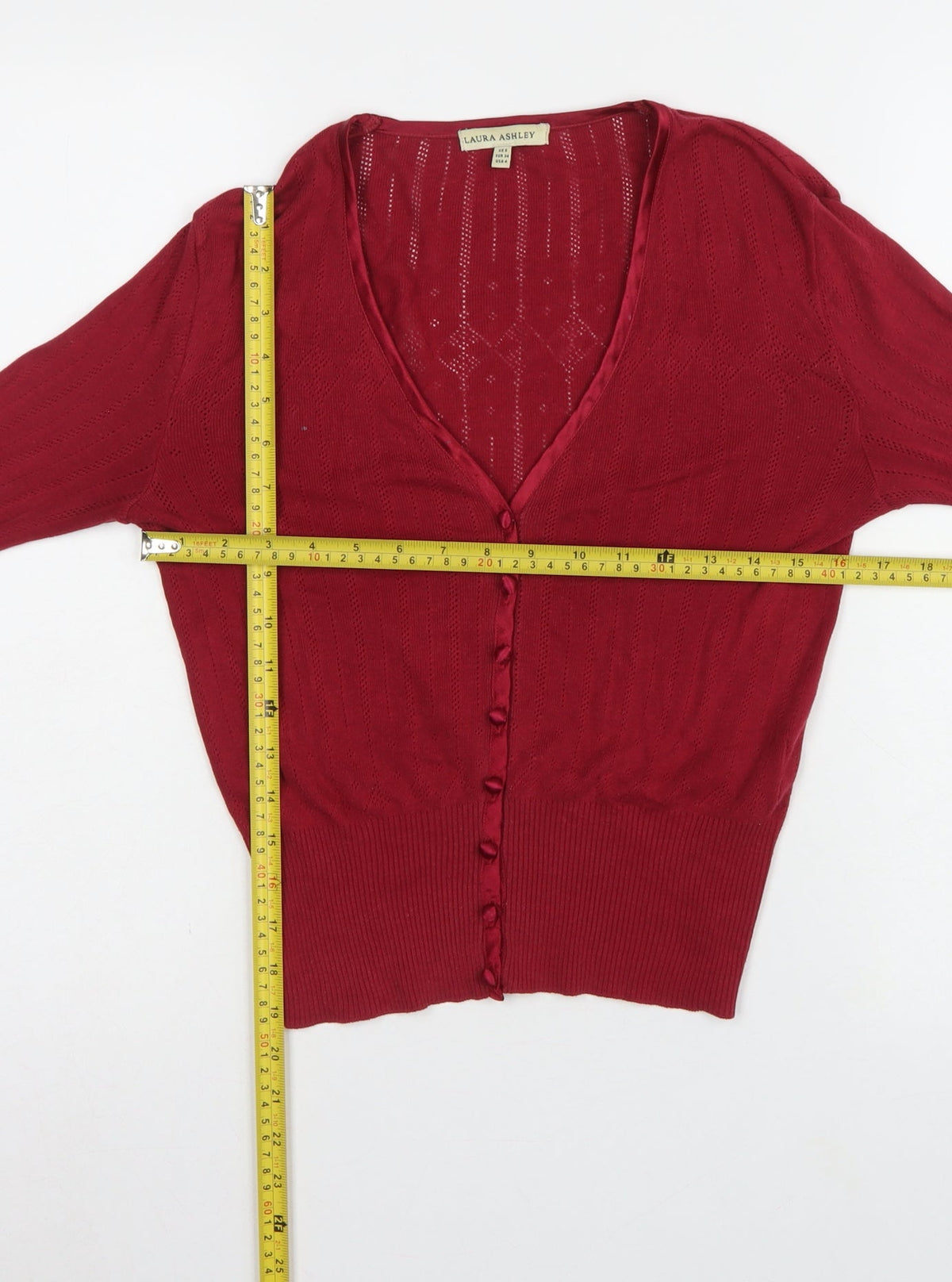 Laura Ashley Women Red UK 8 V-Neck Pointelle Knit Cardigan
