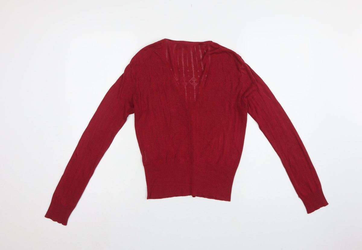 Laura Ashley Women Red UK 8 V-Neck Pointelle Knit Cardigan