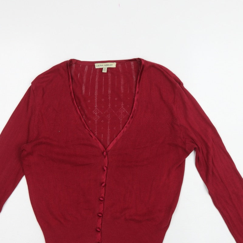 Laura Ashley Women Red UK 8 V-Neck Pointelle Knit Cardigan