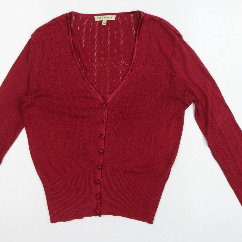 Laura Ashley Women Red UK 8 V-Neck Pointelle Knit Cardigan