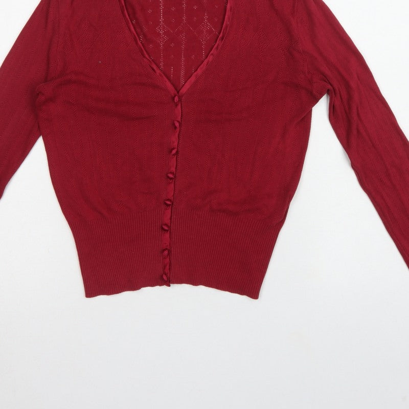 Laura Ashley Women Red UK 8 V-Neck Pointelle Knit Cardigan