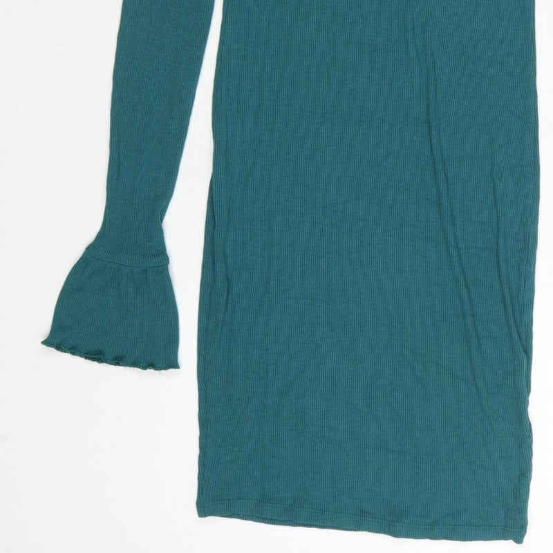 ASOS Women Green UK 12 Bodycon Knee Length Ribbed Flare Sleeve Dress