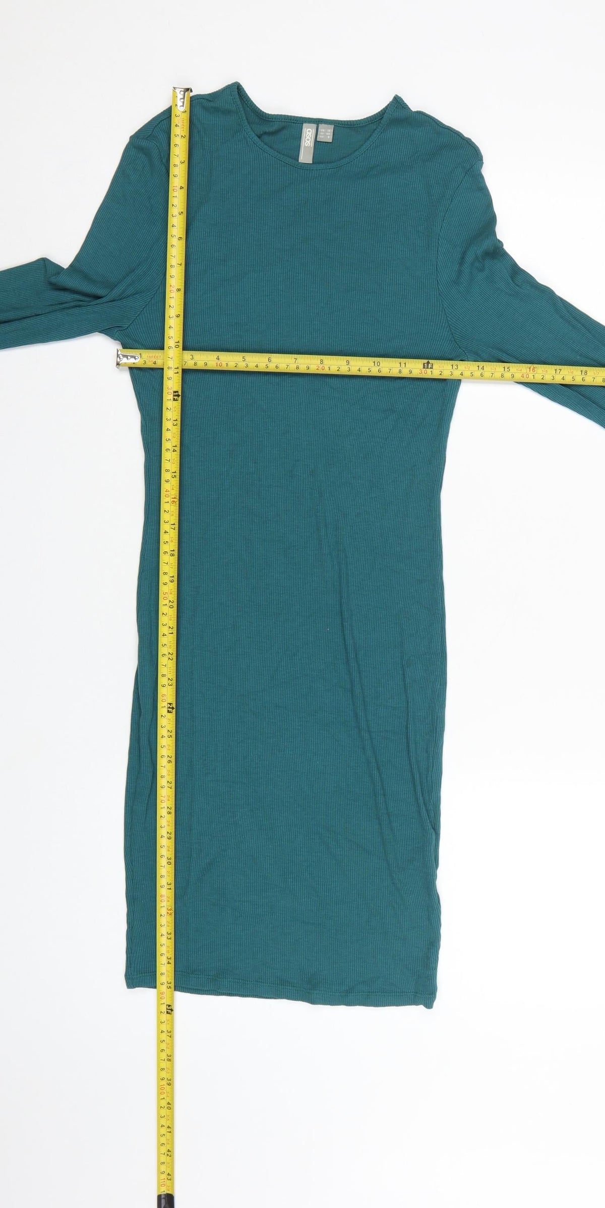 ASOS Women Green UK 12 Bodycon Knee Length Ribbed Flare Sleeve Dress