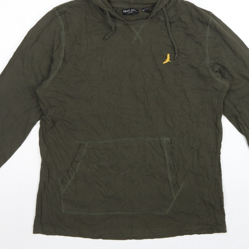 Brave Soul Men Green L Hooded Long Sleeve Cotton T-Shirt Logo