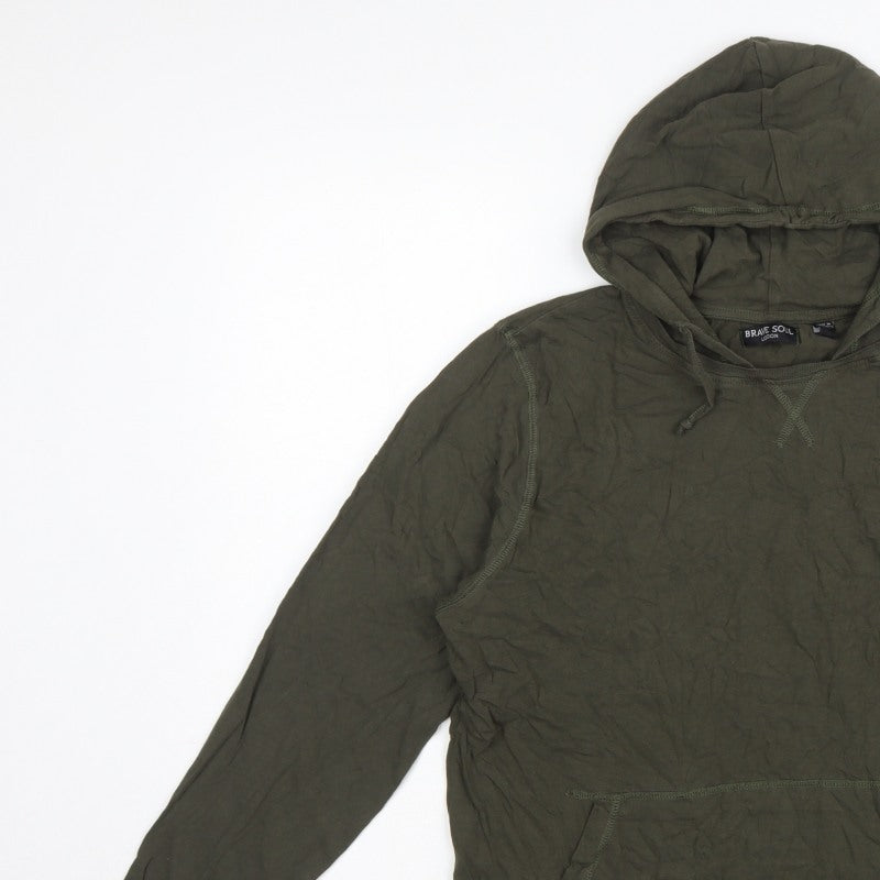 Brave Soul Men Green L Hooded Long Sleeve Cotton T-Shirt Logo