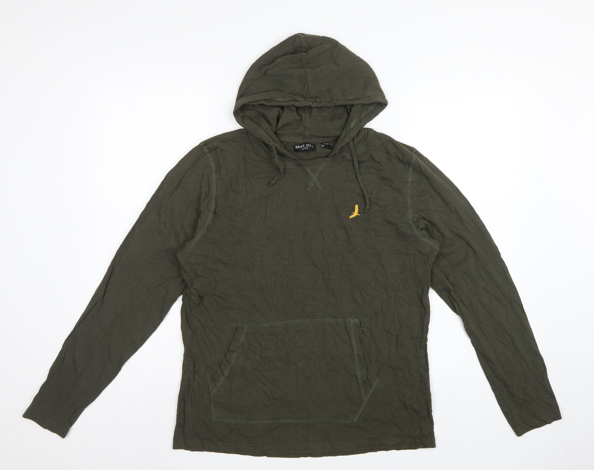 Brave Soul Men Green L Hooded Long Sleeve Cotton T-Shirt Logo