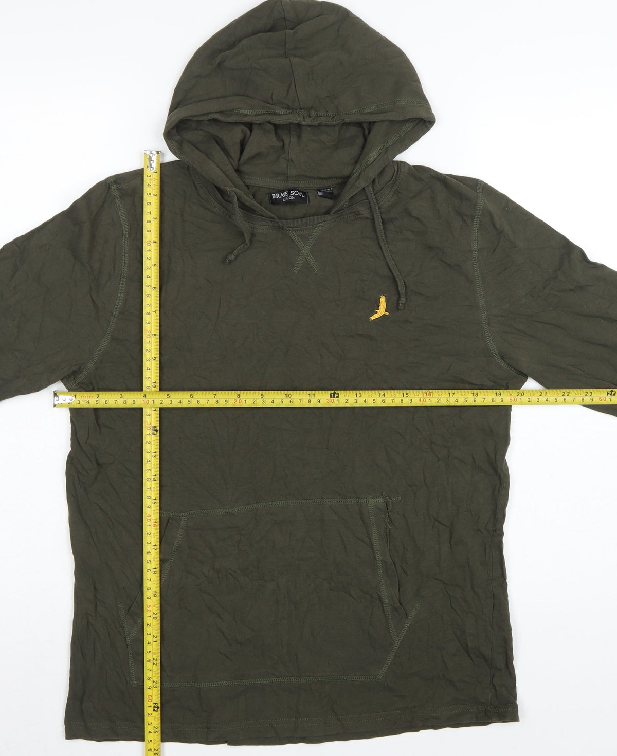 Brave Soul Men Green L Hooded Long Sleeve Cotton T-Shirt Logo