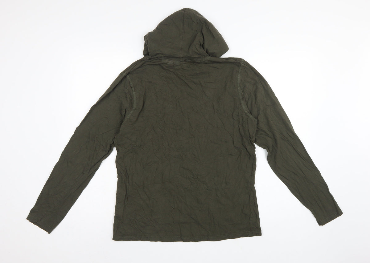 Brave Soul Men Green L Hooded Long Sleeve Cotton T-Shirt Logo