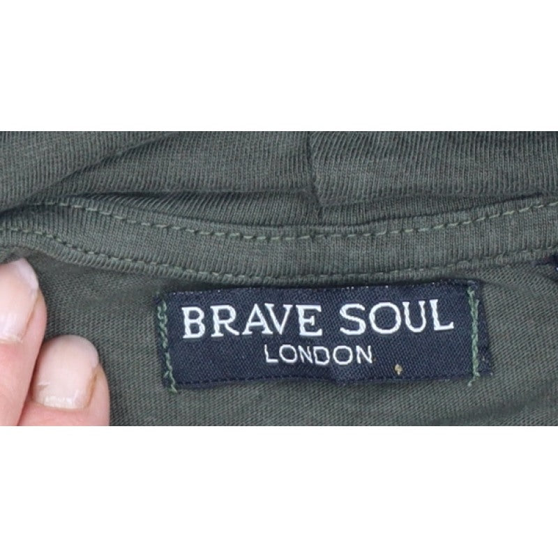 Brave Soul Men Green L Hooded Long Sleeve Cotton T-Shirt Logo