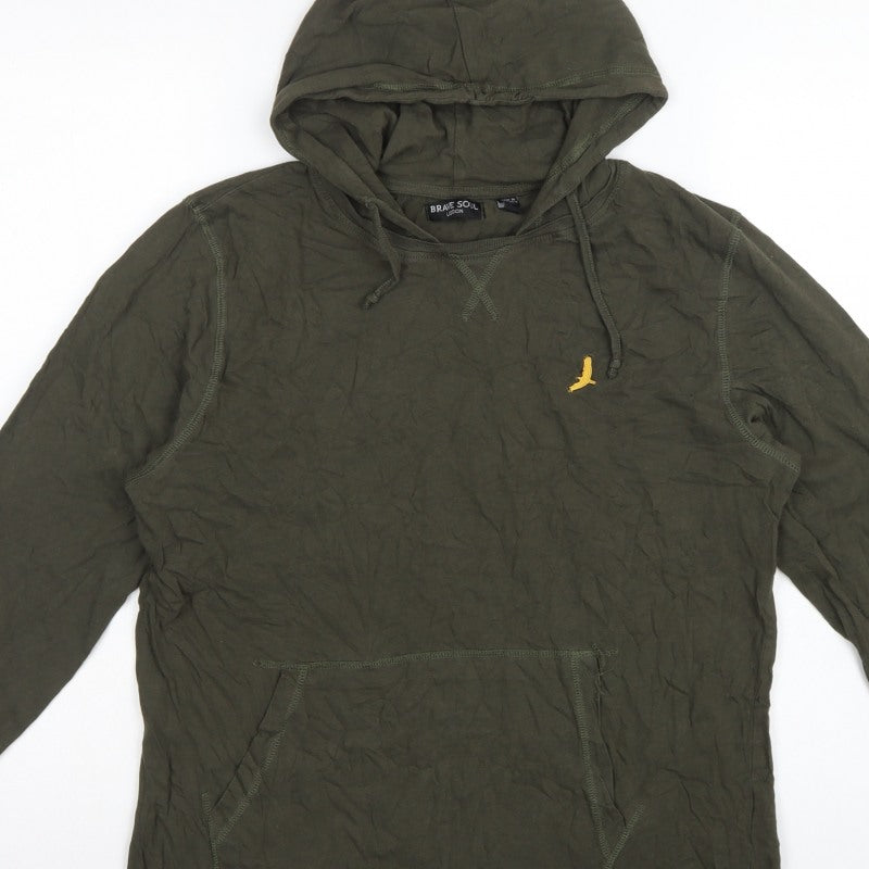 Brave Soul Men Green L Hooded Long Sleeve Cotton T-Shirt Logo