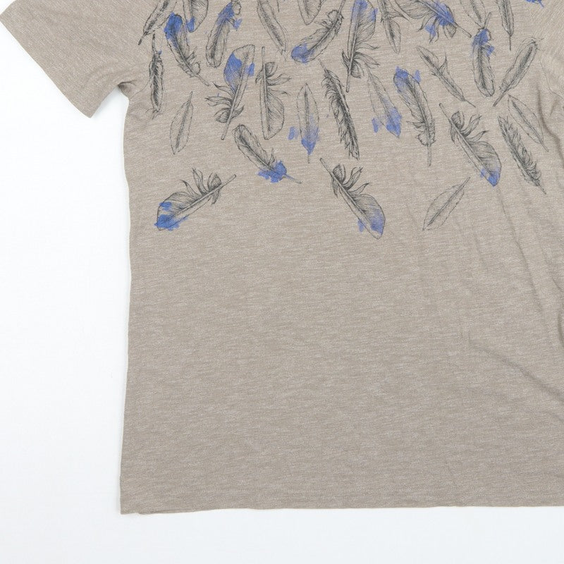 RJR John Rocha Men’s Beige Blue Feather Print Linen T-Shirt Size S