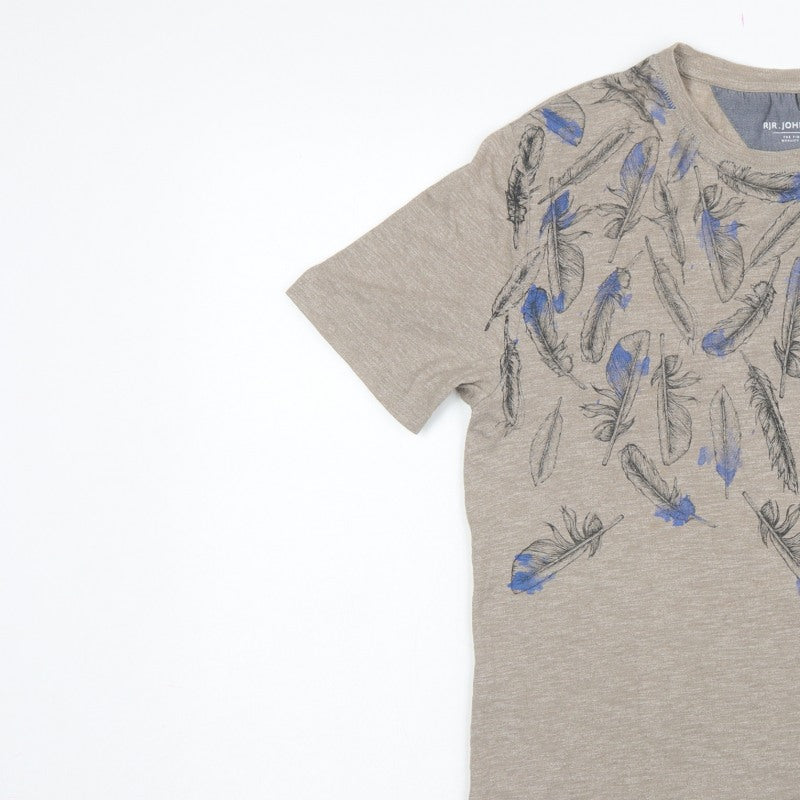 RJR John Rocha Men’s Beige Blue Feather Print Linen T-Shirt Size S