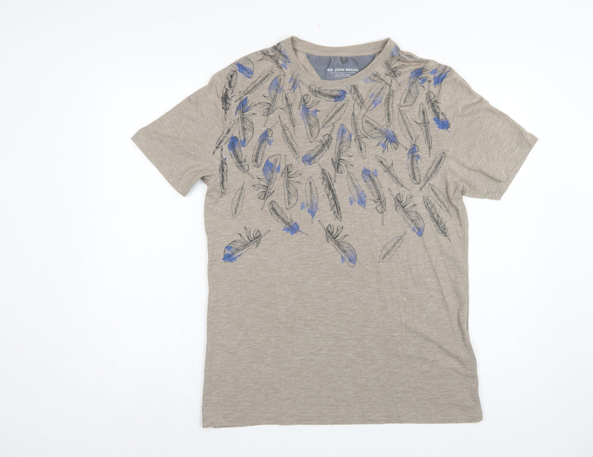 RJR John Rocha Men’s Beige Blue Feather Print Linen T-Shirt Size S