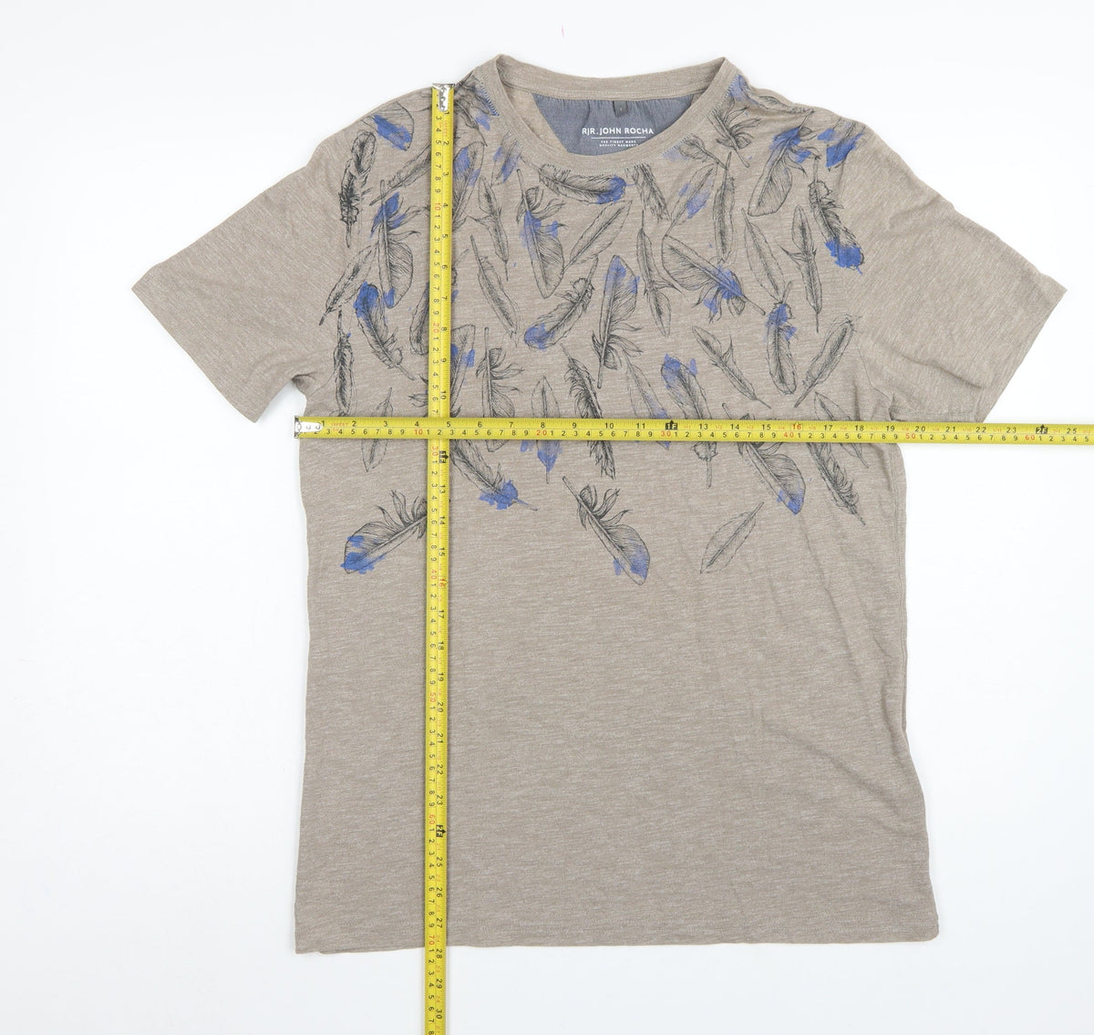 RJR John Rocha Men’s Beige Blue Feather Print Linen T-Shirt Size S