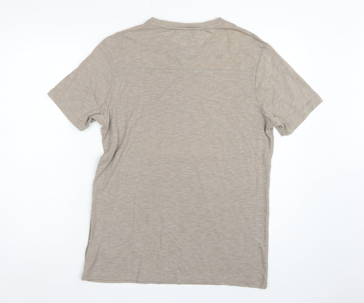 RJR John Rocha Men’s Beige Blue Feather Print Linen T-Shirt Size S