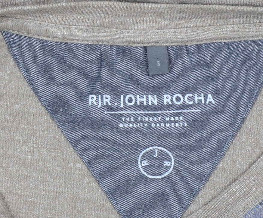 RJR John Rocha Men’s Beige Blue Feather Print Linen T-Shirt Size S