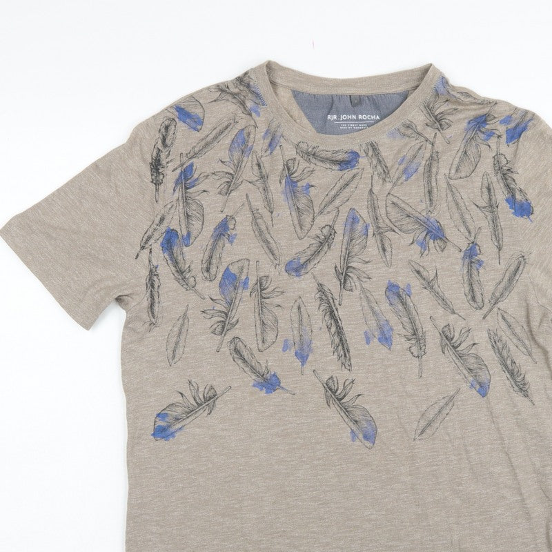 RJR John Rocha Men’s Beige Blue Feather Print Linen T-Shirt Size S